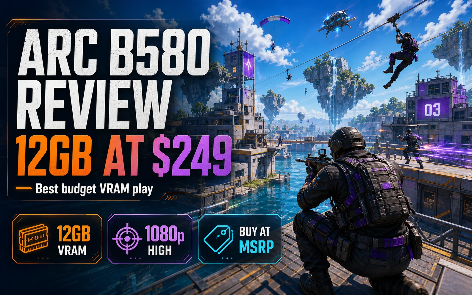 Stylized battle royale shooter scene with Arc B580 Review text highlighting 12GB VRAM at 249 dollars and buying at MSRP