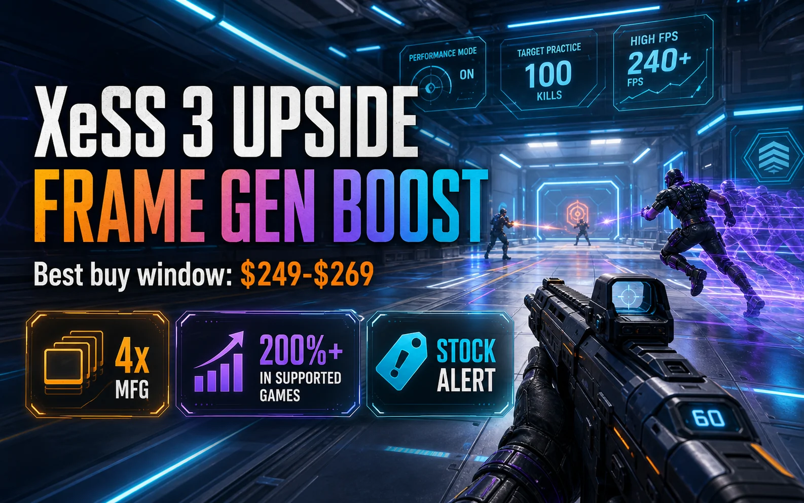 Sci-fi arena shooter scene with XeSS 3 upside frame generation boost 4x MFG and best buy window 249 to 269 dollars