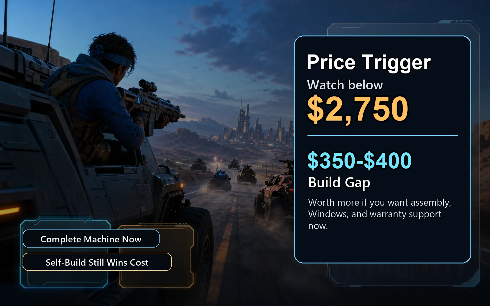Price trigger graphic for the King 95 5070 Ti prebuilt showing a watch-below price of $2,750 and a $350 to $400 build gap.