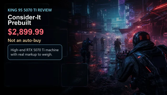 CheapFPS verdict graphic for the King 95 5070 Ti prebuilt showing a $2,899.99 consider-it review over a cyberpunk gameplay scene.