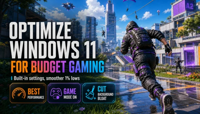 Stylized battle royale scene with text about optimizing Windows 11 for budget gaming using Best Performance Game Mode and cutting background bloat