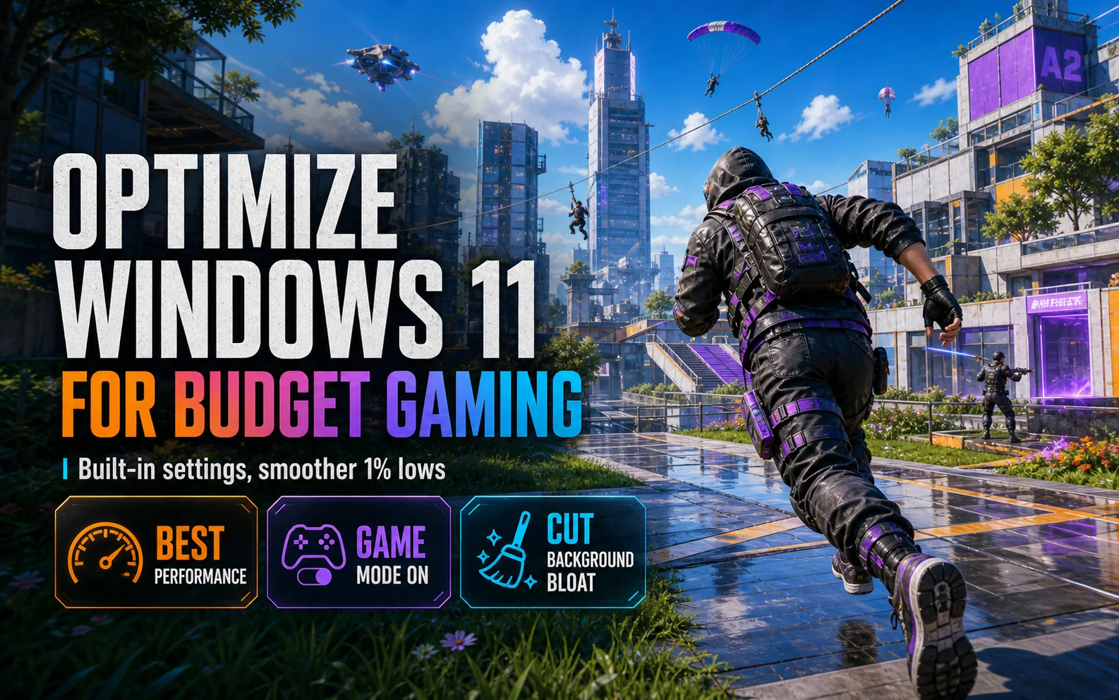 Stylized battle royale scene with text about optimizing Windows 11 for budget gaming using Best Performance Game Mode and cutting background bloat