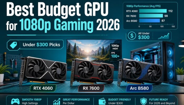 Clean illustrated comparison of the RTX 4060, RX 7600, and Arc B580 budget GPUs for 1080p gaming in 2026