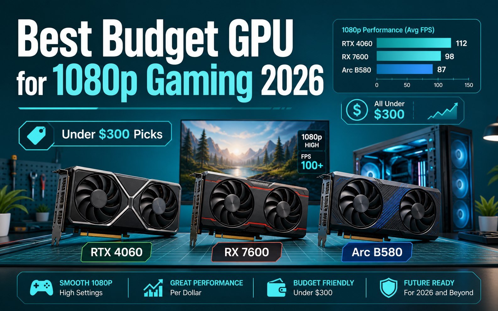 Clean illustrated comparison of the RTX 4060, RX 7600, and Arc B580 budget GPUs for 1080p gaming in 2026