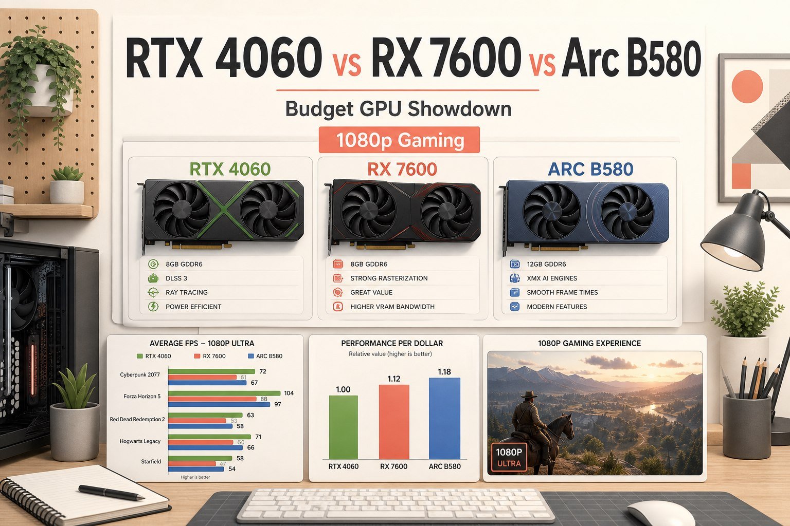 Editorial illustration showing the RTX 4060, RX 7600, and Arc B580 compared for budget 1080p gaming