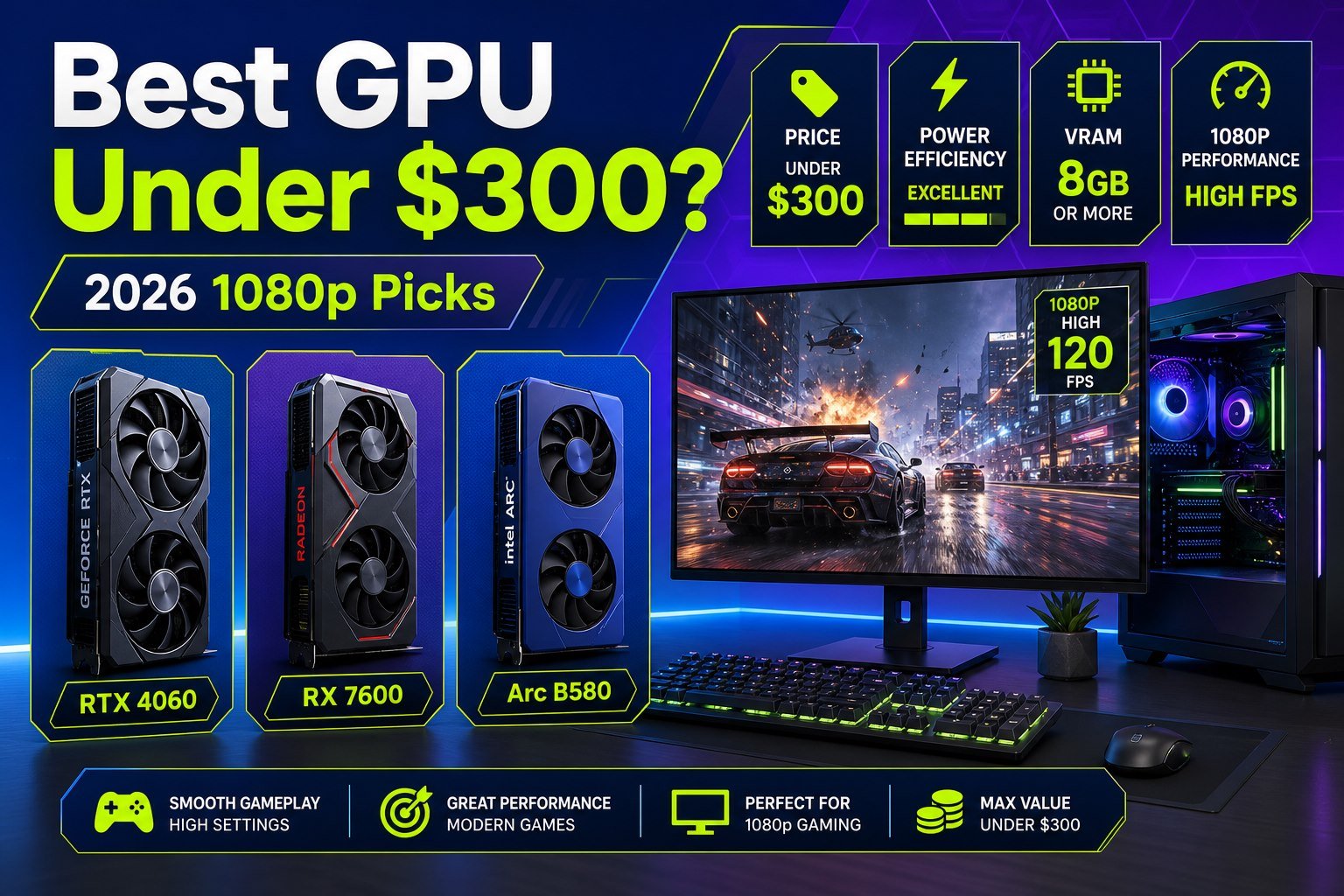 Clean blue and violet illustration of under 300 dollar 1080p gaming GPU picks with RTX 4060, RX 7600, and Arc B580 labels