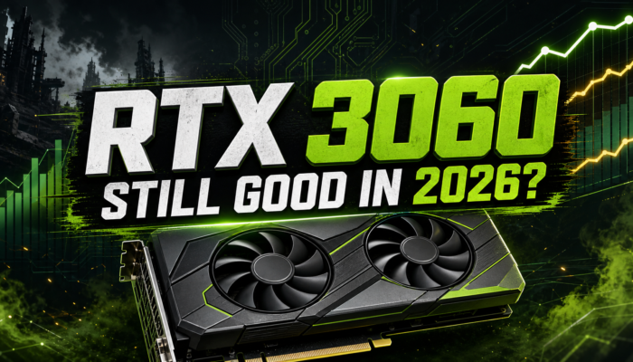 Editorial graphic reading RTX 3060 Still Good in 2026 with a stylized gaming GPU background