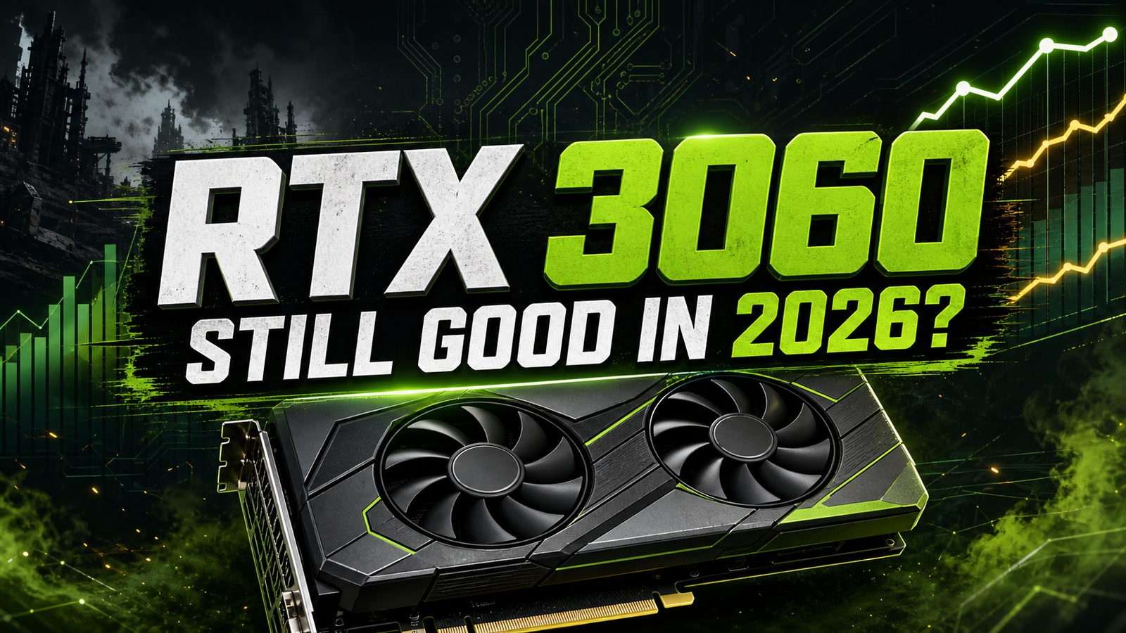 Editorial graphic reading RTX 3060 Still Good in 2026 with a stylized gaming GPU background