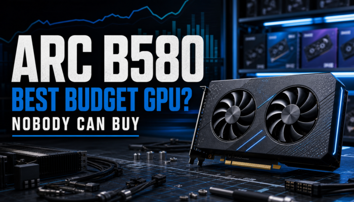 Editorial graphic reading Arc B580 Best Budget GPU Nobody Can Buy with a detailed blue PC hardware background