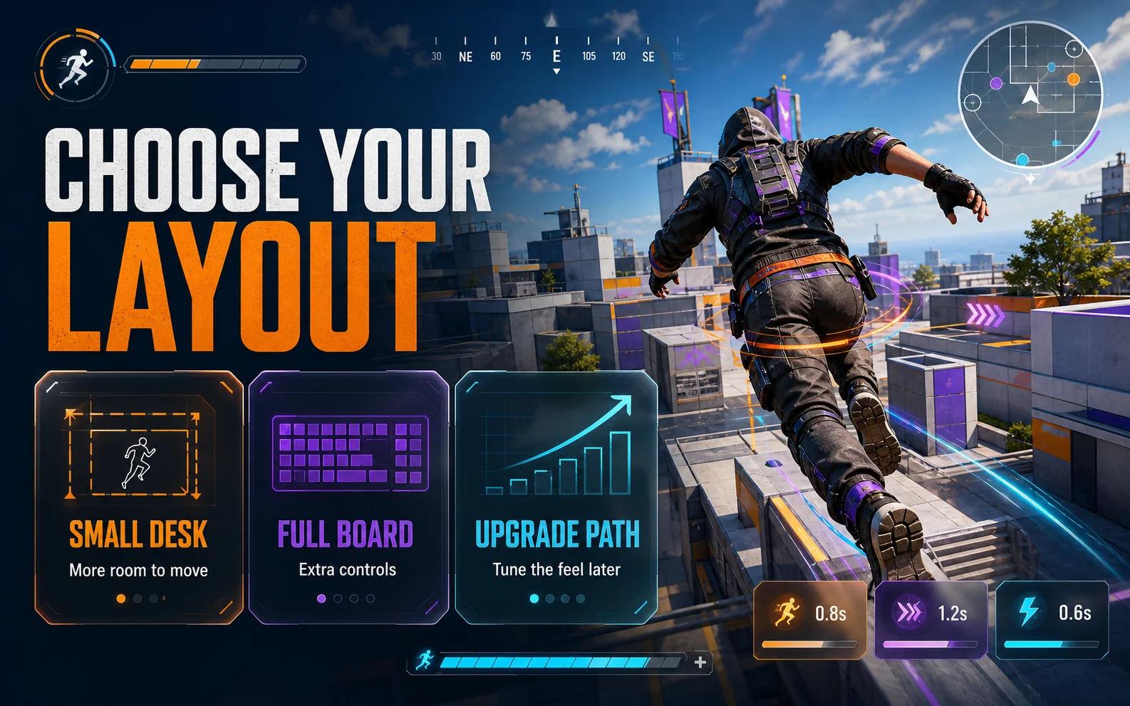 Sci-fi parkour gameplay graphic with stylized small desk, keyboard layout, and upgrade path icons for budget mechanical keyboard buyers