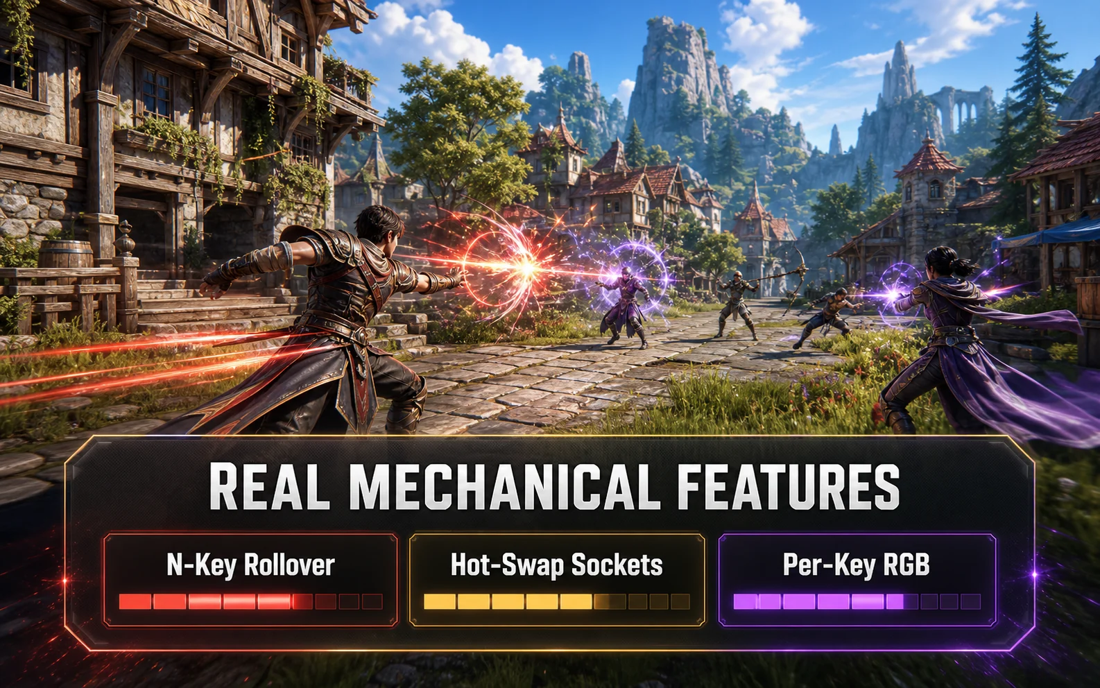Fantasy RPG gameplay graphic highlighting N-key rollover, hot-swap sockets, and per-key RGB features for budget mechanical keyboards
