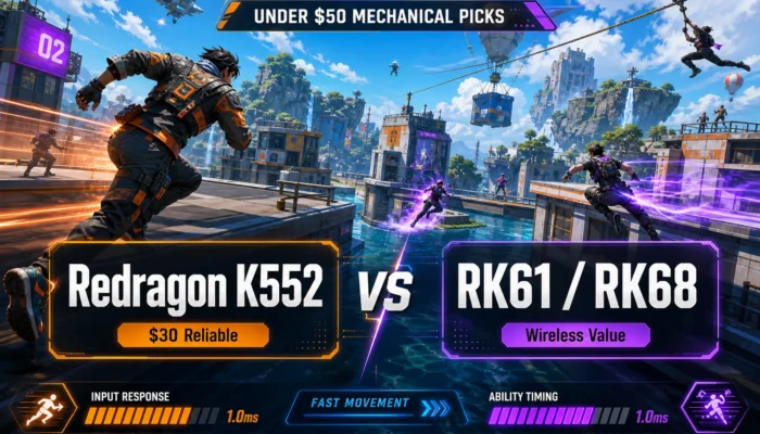 Stylized battle royale comparison graphic for Redragon K552 versus RK61 and RK68 budget mechanical keyboard picks under $50