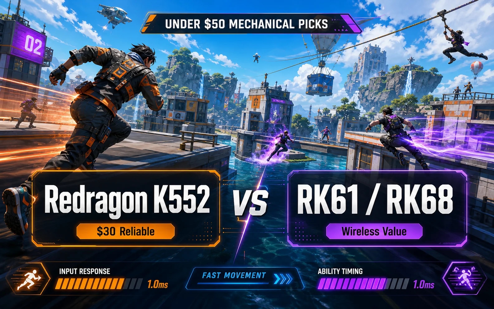 Stylized battle royale comparison graphic for Redragon K552 versus RK61 and RK68 budget mechanical keyboard picks under $50