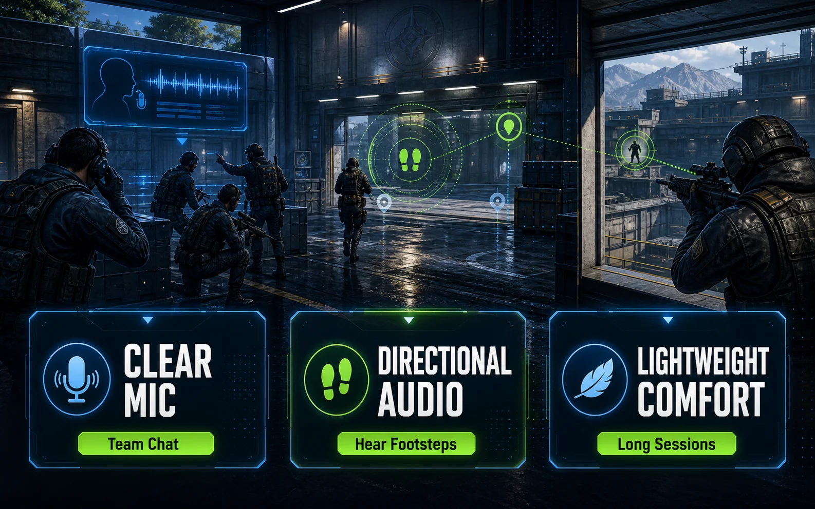 CheapFPS graphic highlighting clear mic, directional audio, and lightweight comfort for budget gaming headsets