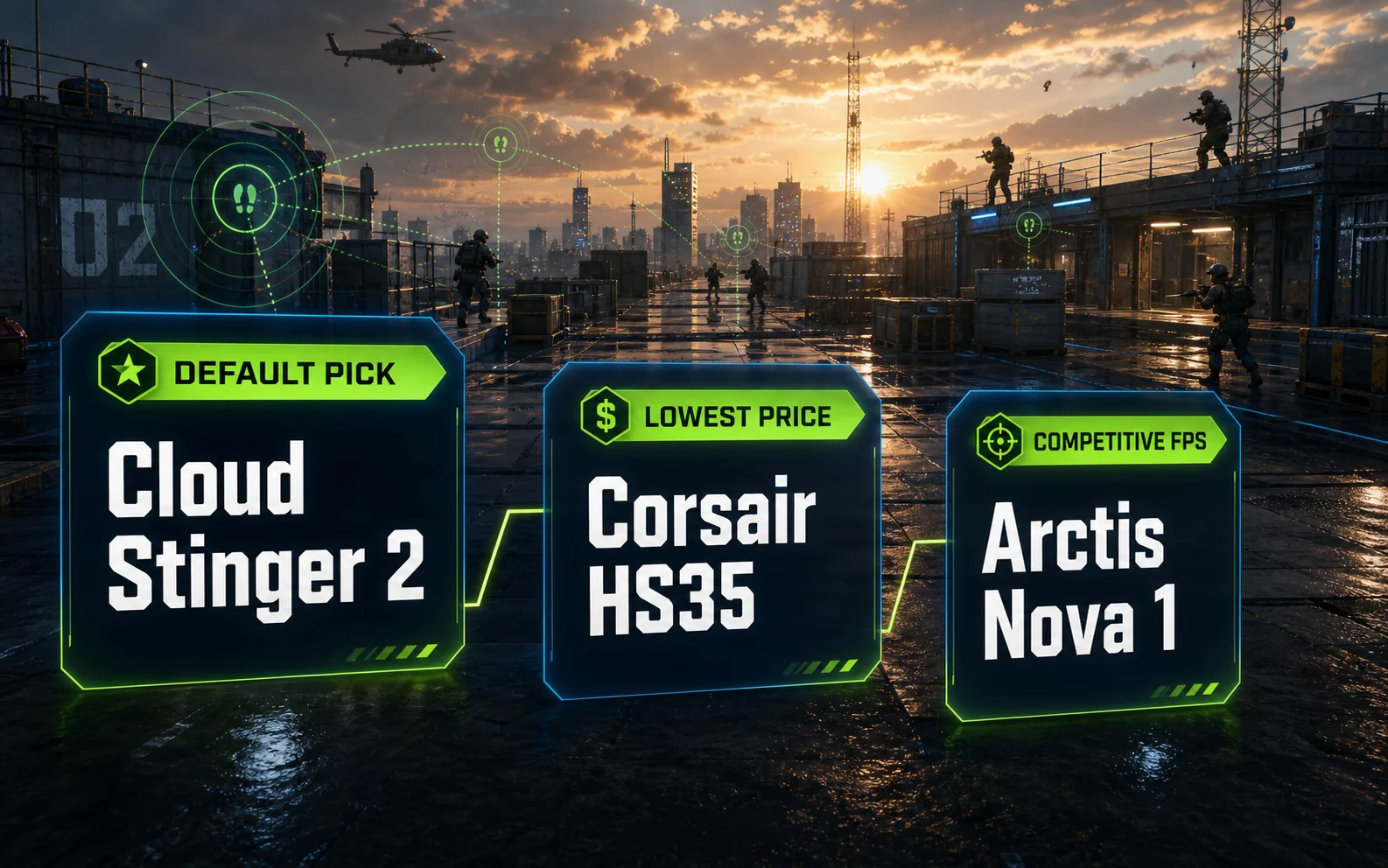 CheapFPS graphic showing budget gaming headset recommendations: default pick, lowest price, and competitive FPS pick