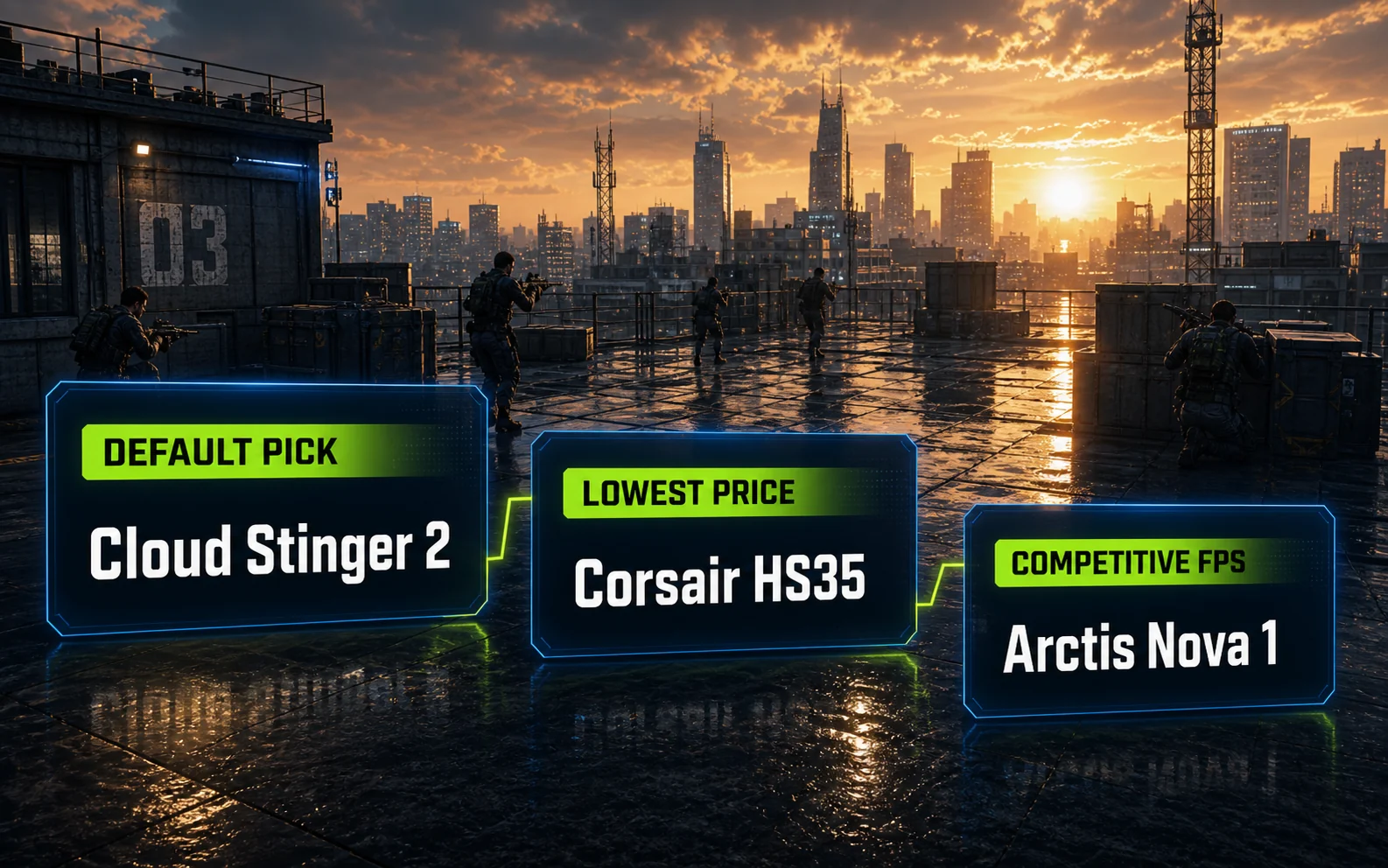 CheapFPS graphic summarizing Cloud Stinger 2, Corsair HS35, and Arctis Nova 1 budget headset picks