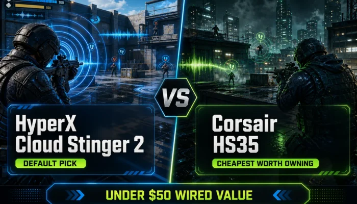 Split-screen CheapFPS graphic comparing HyperX Cloud Stinger 2 and Corsair HS35 budget wired gaming headset picks under $50