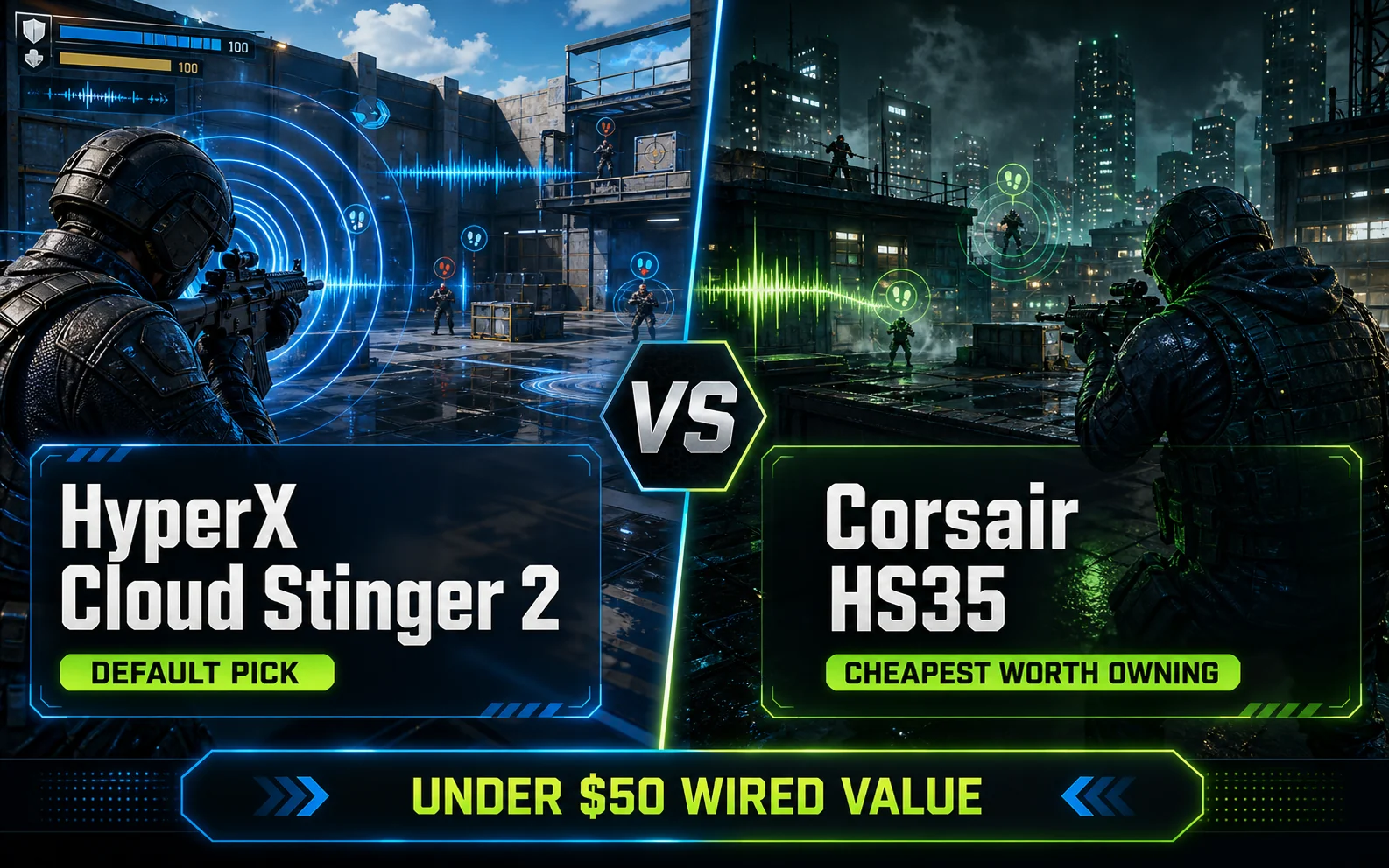 Split-screen CheapFPS graphic comparing HyperX Cloud Stinger 2 and Corsair HS35 budget wired gaming headset picks under $50