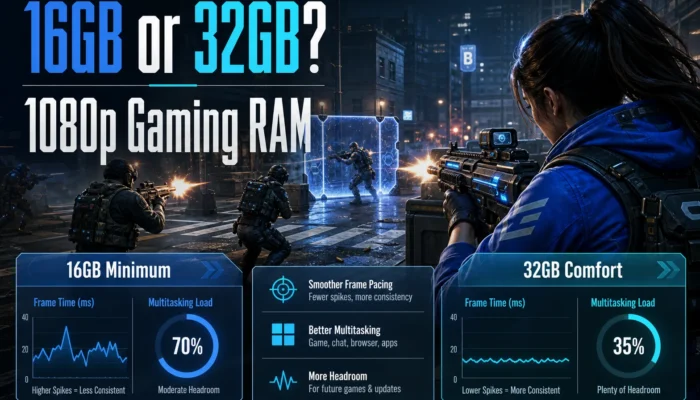 Featured CheapFPS RAM guide graphic showing a night city firefight with 16GB or 32GB, 1080p Gaming RAM, 16GB Minimum, and 32GB Comfort callouts.