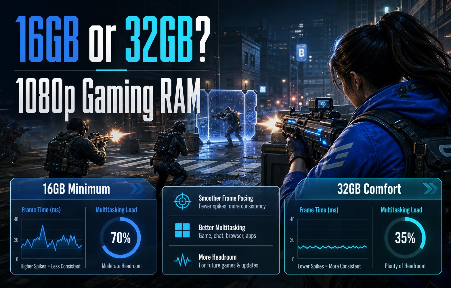 Featured CheapFPS RAM guide graphic showing a night city firefight with 16GB or 32GB, 1080p Gaming RAM, 16GB Minimum, and 32GB Comfort callouts.