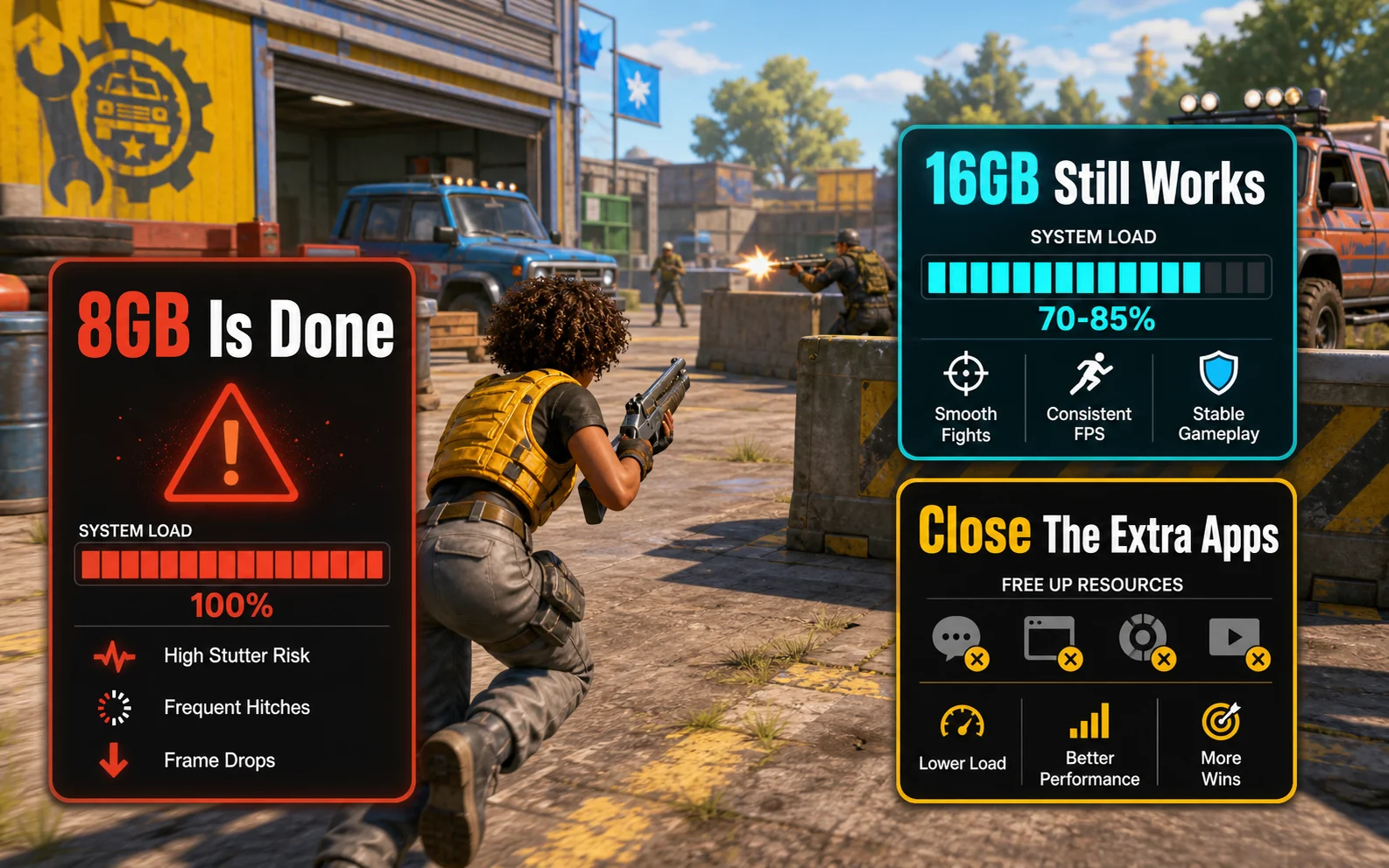 Inline CheapFPS gaming graphic showing a bright garage firefight with 8GB Is Done, 16GB Still Works, and Close The Extra Apps guidance cards.
