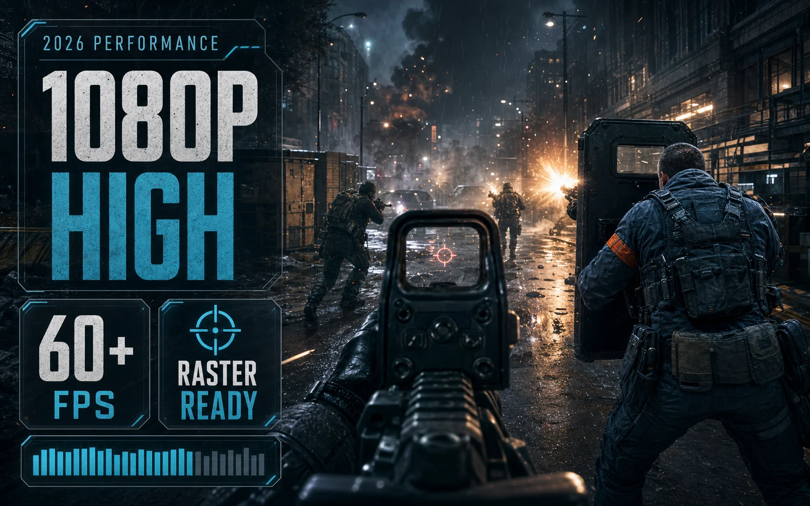 Gritty city firefight HUD showing 1080p high, 60 plus FPS, and raster ready for RTX 3060 performance.