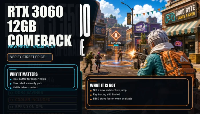 Budget GPU editorial graphic for the RTX 3060 12GB relaunch showing a bright town firefight, 12GB comeback headline, and warranty versus value callouts.