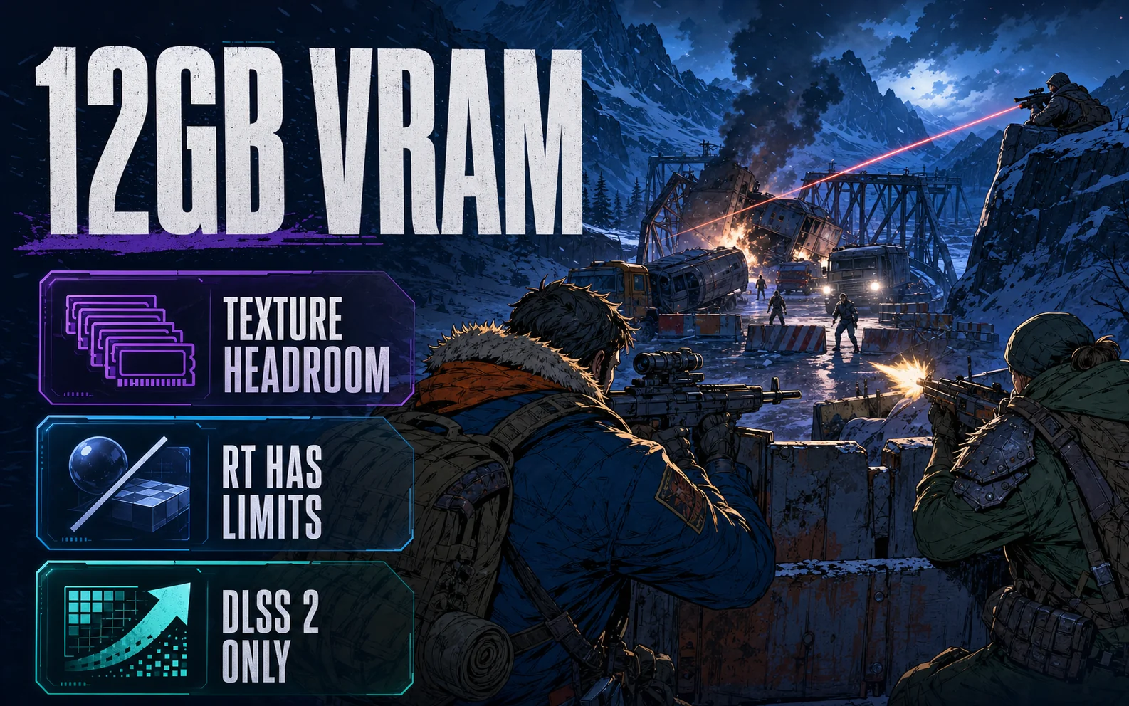 Snowy mountain firefight HUD showing 12GB VRAM, texture headroom, RT has limits, and DLSS 2 only.