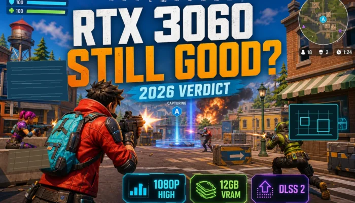Stylized battle royale firefight graphic with RTX 3060 still good verdict plus 1080p high, 12GB VRAM, and DLSS 2 callouts.