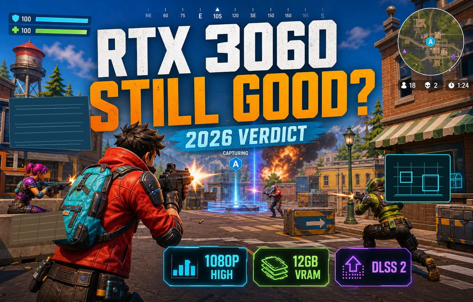 Stylized battle royale firefight graphic with RTX 3060 still good verdict plus 1080p high, 12GB VRAM, and DLSS 2 callouts.
