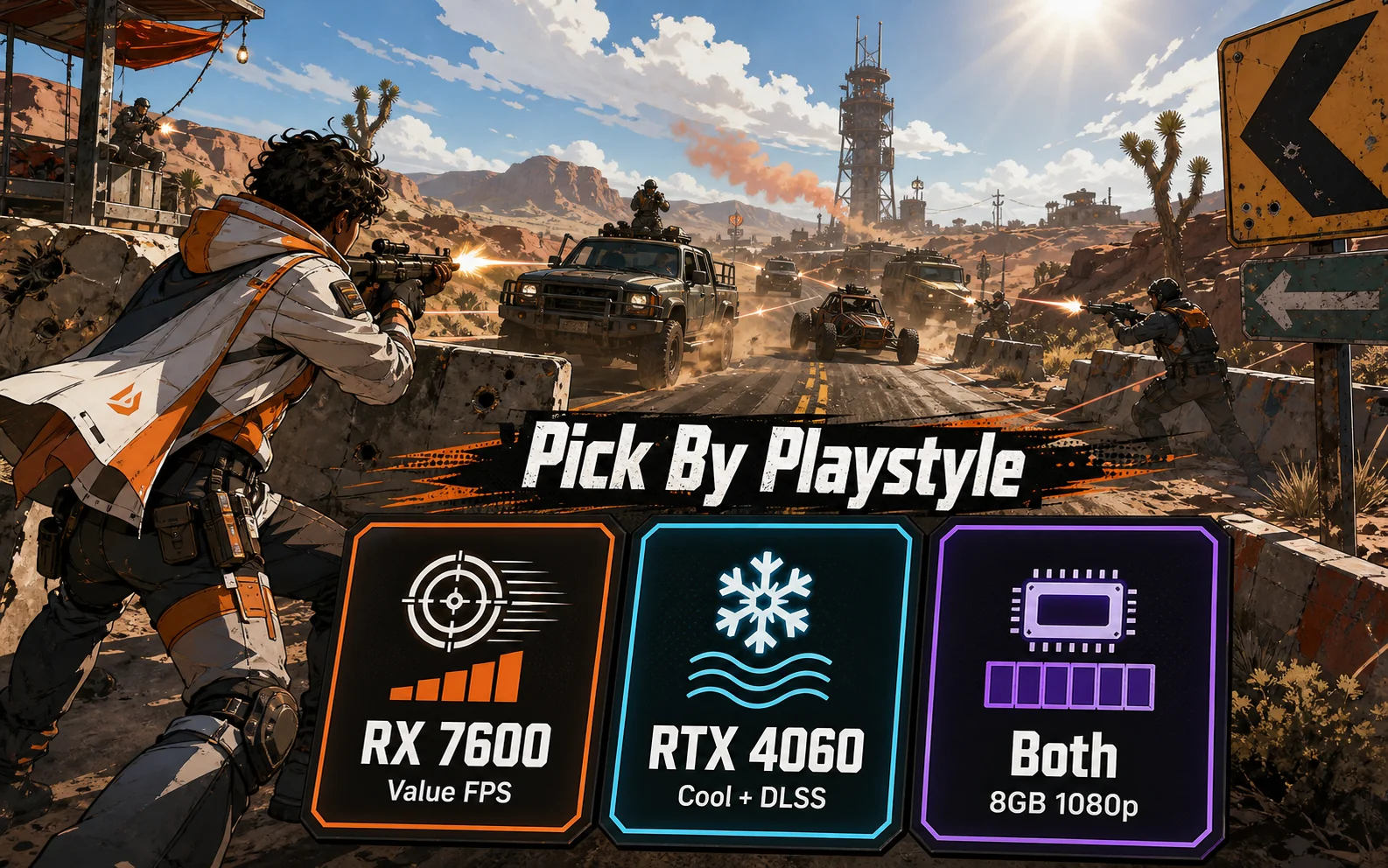 CheapFPS buyer picker graphic showing RX 7600 for value FPS, RTX 4060 for cool and DLSS play, and both cards as 8GB 1080p options.