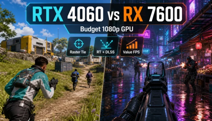 Split-screen CheapFPS gaming graphic comparing RTX 4060 versus RX 7600 for budget 1080p GPU buyers, with raster tie, ray tracing and DLSS, and value FPS badges.