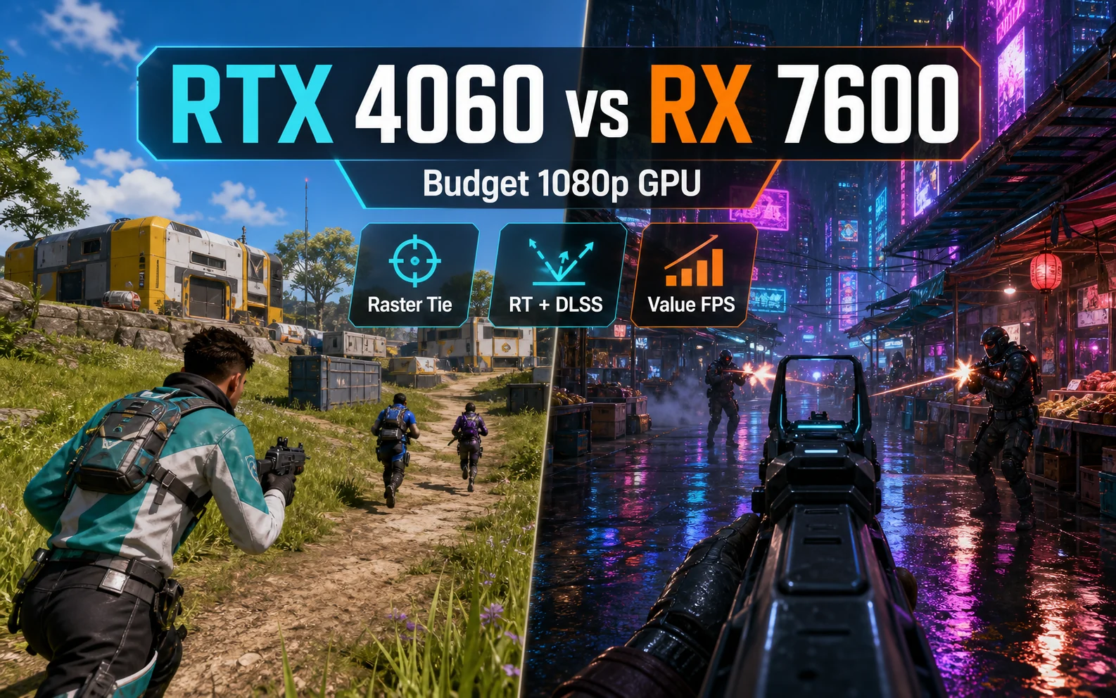 Split-screen CheapFPS gaming graphic comparing RTX 4060 versus RX 7600 for budget 1080p GPU buyers, with raster tie, ray tracing and DLSS, and value FPS badges.