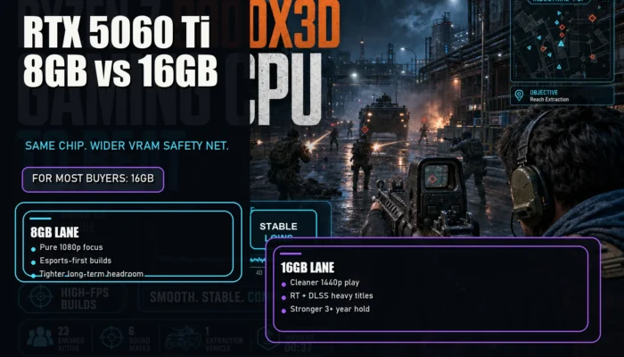 Comparison gaming graphic for the RTX 5060 Ti 8GB versus 16GB article showing an industrial firefight, VRAM safety net headline, and 8GB versus 16GB buyer lanes.
