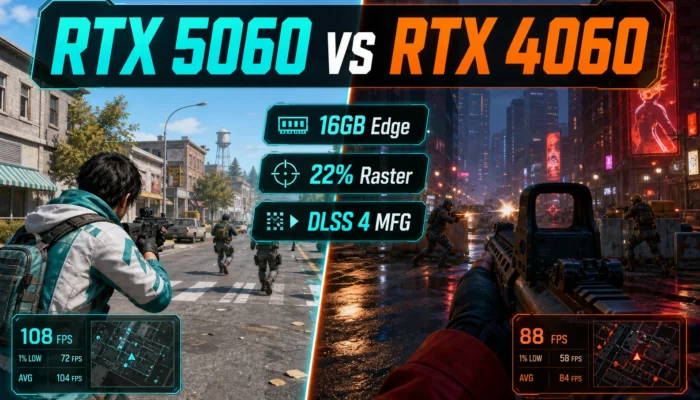 Featured CheapFPS GPU comparison graphic showing a bright 1080p street fight versus a neon city firefight with RTX 5060 vs RTX 4060, 16GB Edge, 22% Raster, and DLSS 4 MFG callouts.