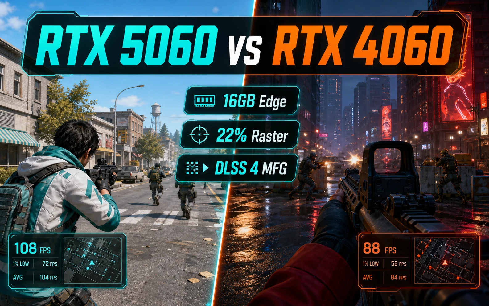 Featured CheapFPS GPU comparison graphic showing a bright 1080p street fight versus a neon city firefight with RTX 5060 vs RTX 4060, 16GB Edge, 22% Raster, and DLSS 4 MFG callouts.