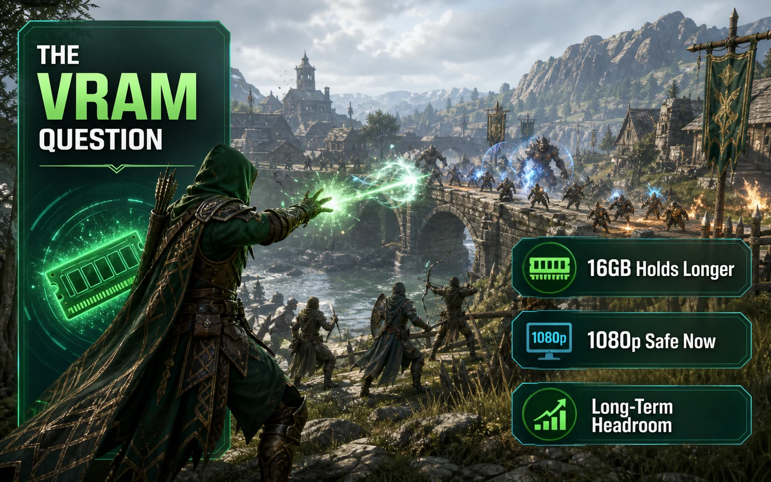 Inline CheapFPS gaming graphic for the RTX 5060 vs RTX 4060 article showing a fantasy bridge battle with VRAM-focused callouts for 16GB Holds Longer, 1080p Safe Now, and Long-Term Headroom.