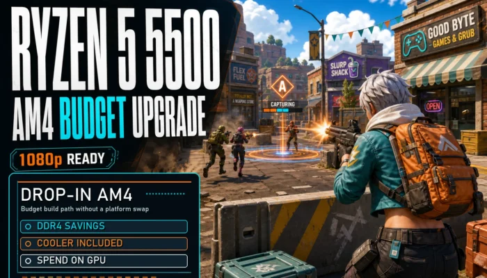 Ryzen 5 5500 AM4 budget upgrade gaming graphic with 1080p-ready and DDR4 value callouts