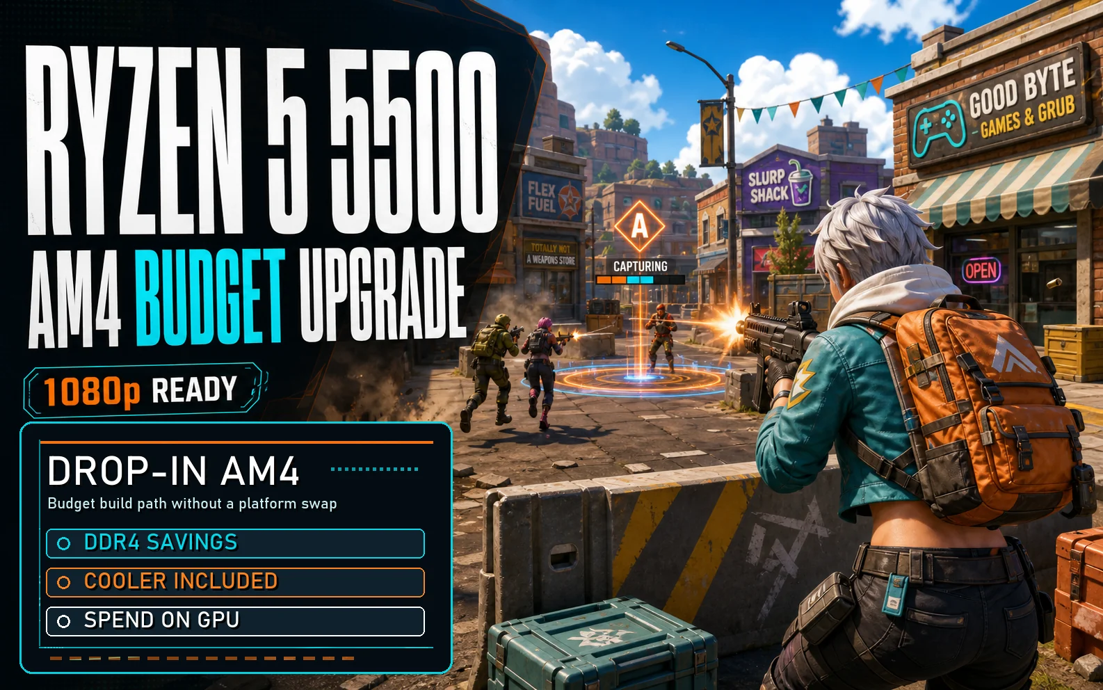 Ryzen 5 5500 AM4 budget upgrade gaming graphic with 1080p-ready and DDR4 value callouts