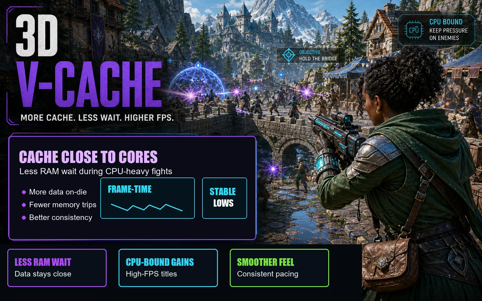 Fantasy action gameplay graphic showing 3D V-Cache benefits for CPU-heavy fights, less RAM wait, CPU-bound gains, and smoother frame pacing.