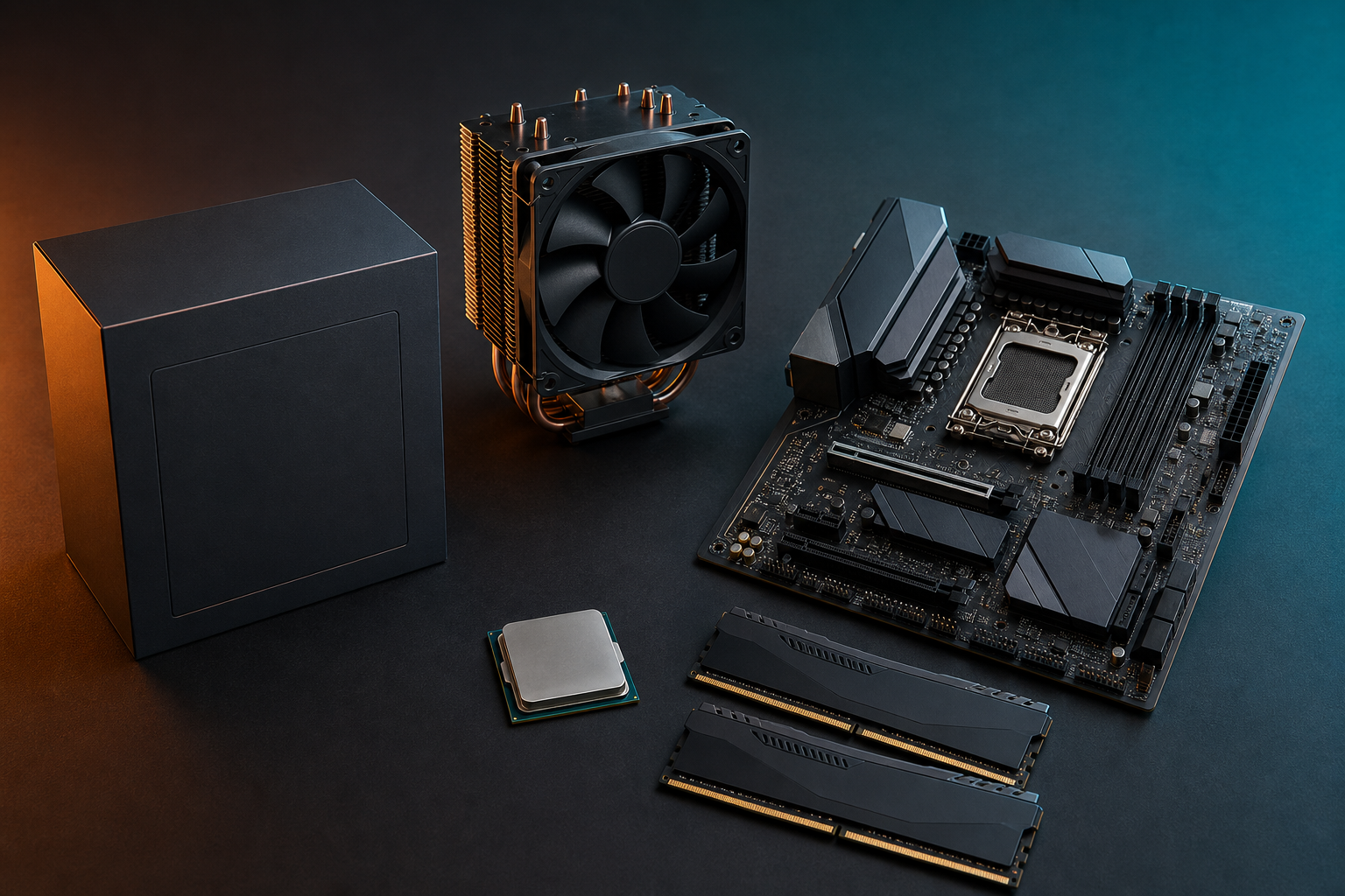 Generated CheapFPS image of AM5 motherboard, DDR5 memory, CPU, and air cooler for platform cost context