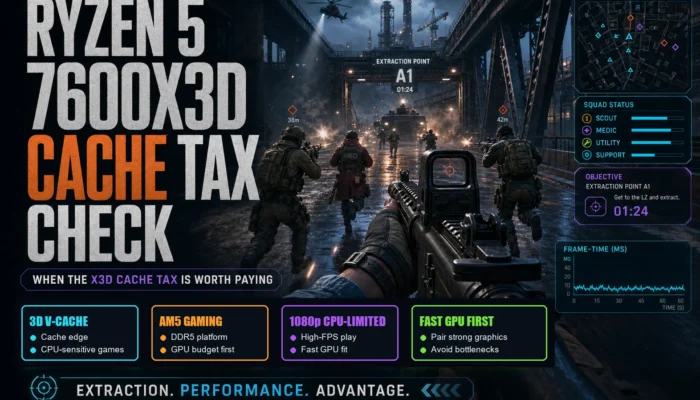 First-person shooter graphic for the Ryzen 5 7600X3D review with cache tax check, 3D V-Cache, AM5 gaming, 1080p CPU-limited, and fast GPU first callouts.
