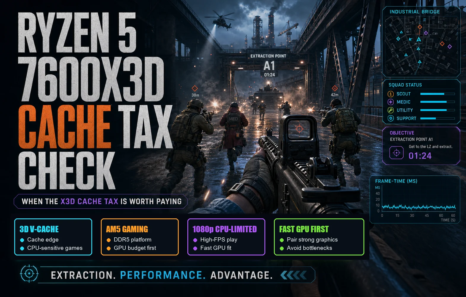 First-person shooter graphic for the Ryzen 5 7600X3D review with cache tax check, 3D V-Cache, AM5 gaming, 1080p CPU-limited, and fast GPU first callouts.