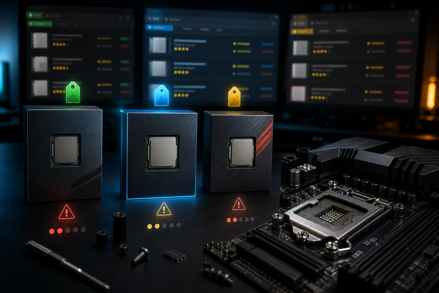Generated CheapFPS image of desktop CPU deal options beside a motherboard socket