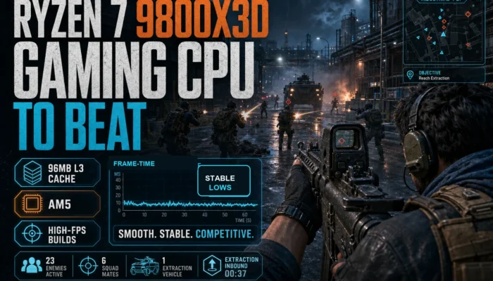 Gameplay-style banner for the Ryzen 7 9800X3D review with a frame-time HUD, 96MB L3 cache callout, AM5 badge, and high-FPS build guidance.