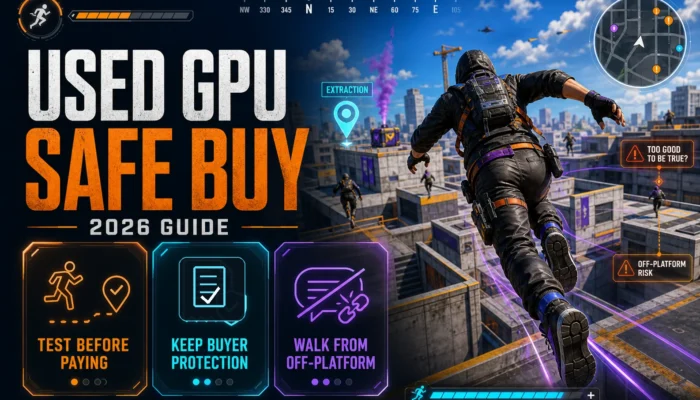 CheapFPS featured graphic for a 2026 used GPU buying guide showing safe-buy rules, buyer protection, testing before paying, and avoiding off-platform deals.