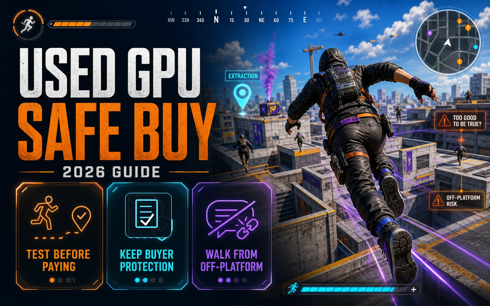 CheapFPS featured graphic for a 2026 used GPU buying guide showing safe-buy rules, buyer protection, testing before paying, and avoiding off-platform deals.