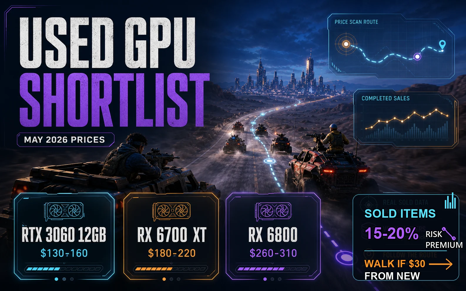 Used GPU shortlist graphic showing May 2026 prices for RTX 3060 12GB, RX 6700 XT, and RX 6800, plus sold items and risk premium checks.