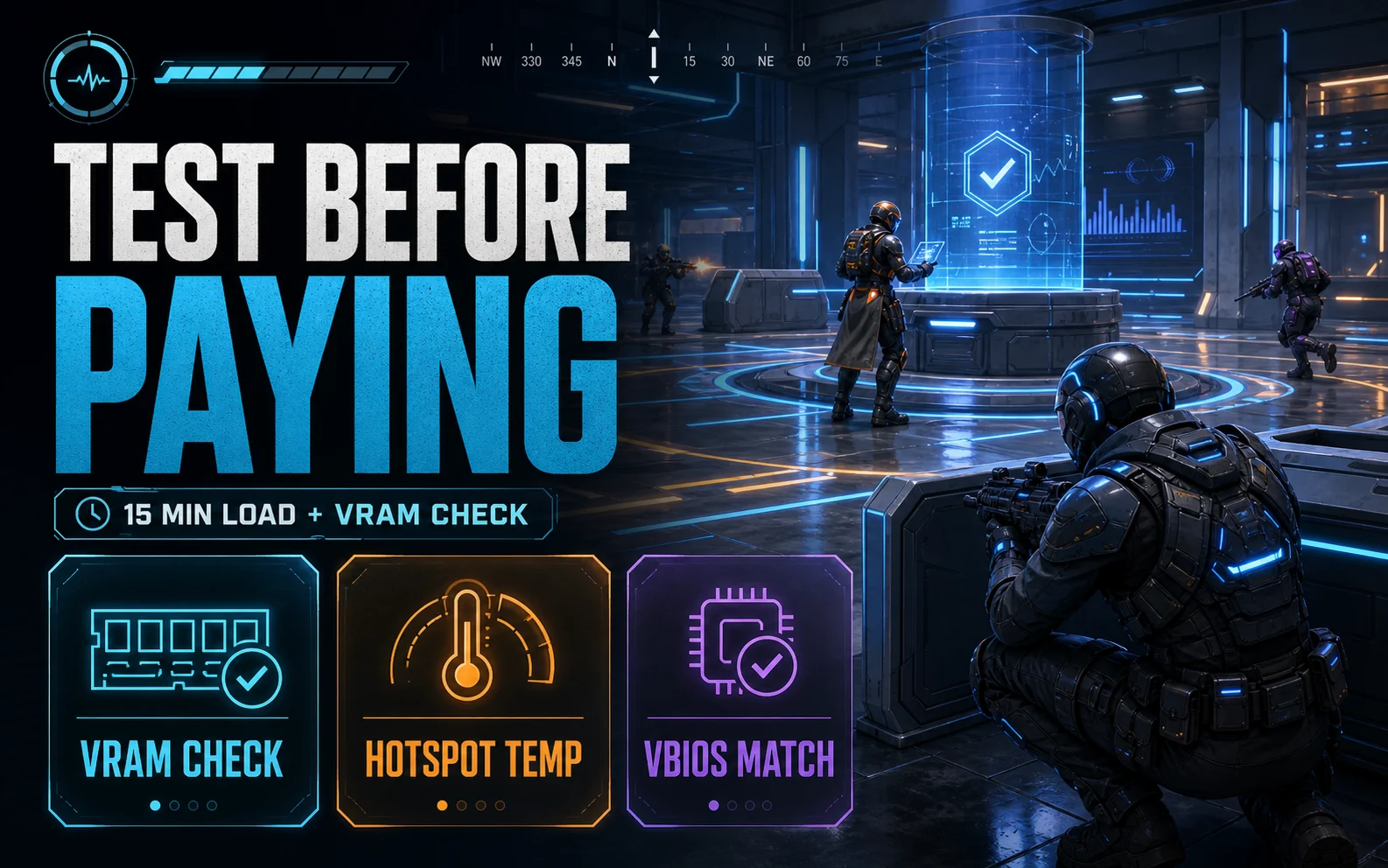 Inspection graphic for buying a used GPU safely, highlighting a 15 minute load test, VRAM check, hotspot temperature, and VBIOS match.