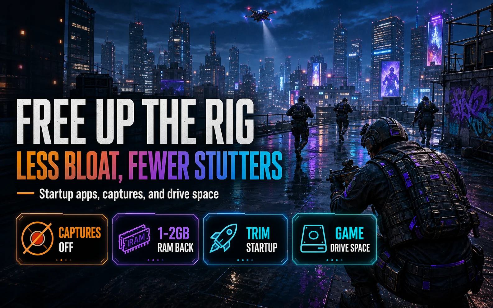 Cyberpunk rooftop shooter scene with text about turning captures off getting 1 to 2GB RAM back trimming startup apps and freeing game drive space